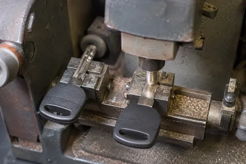 Two black-headed keys clamped in a bench machine, one beneath a vertical cutter, with metal shavings around the clamps. — Spare Car Key Duplication, London