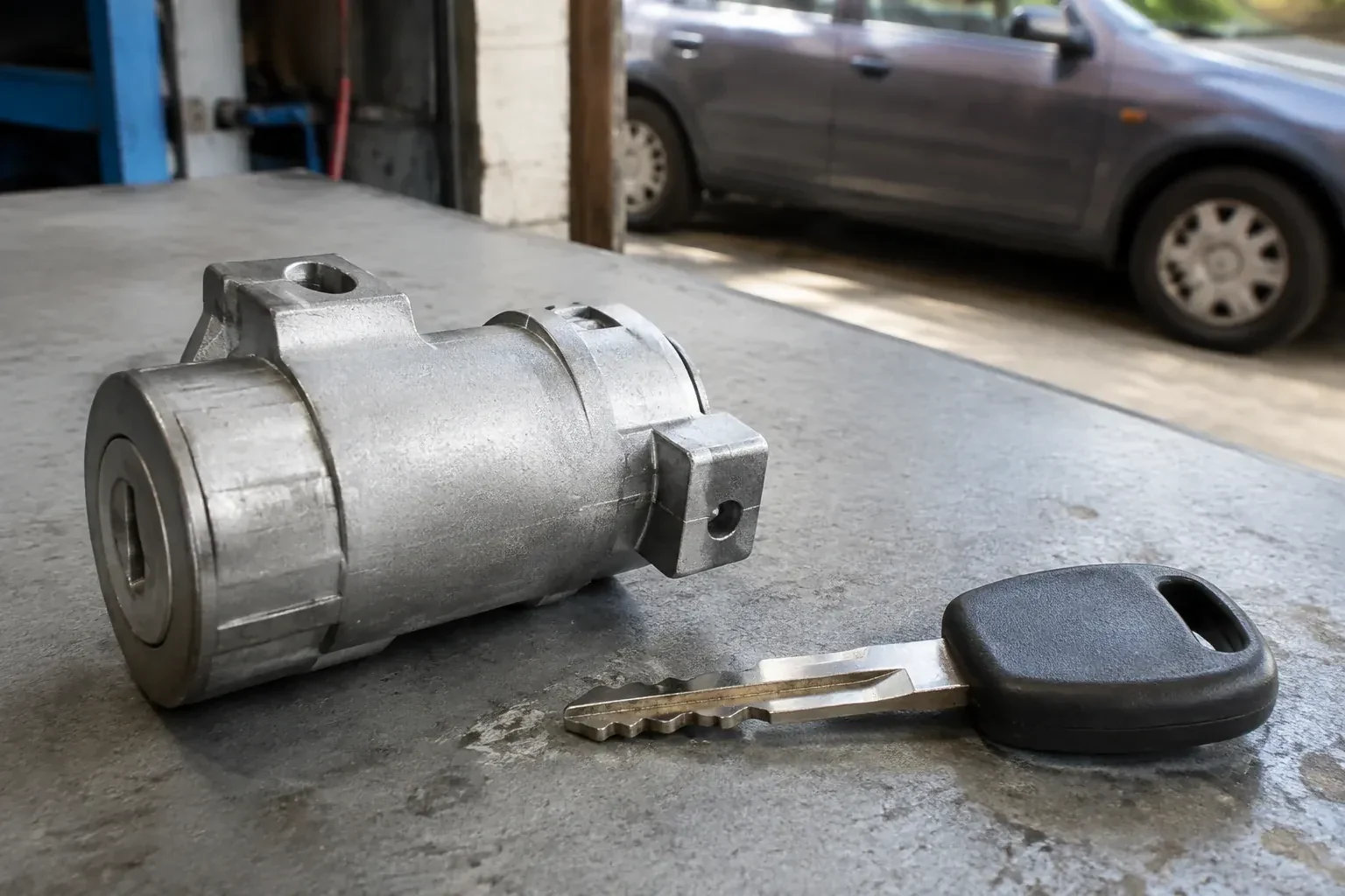 Detached cylindrical lock housing and black-headed key on an automotive workbench. — Ignition Lock Repair, London