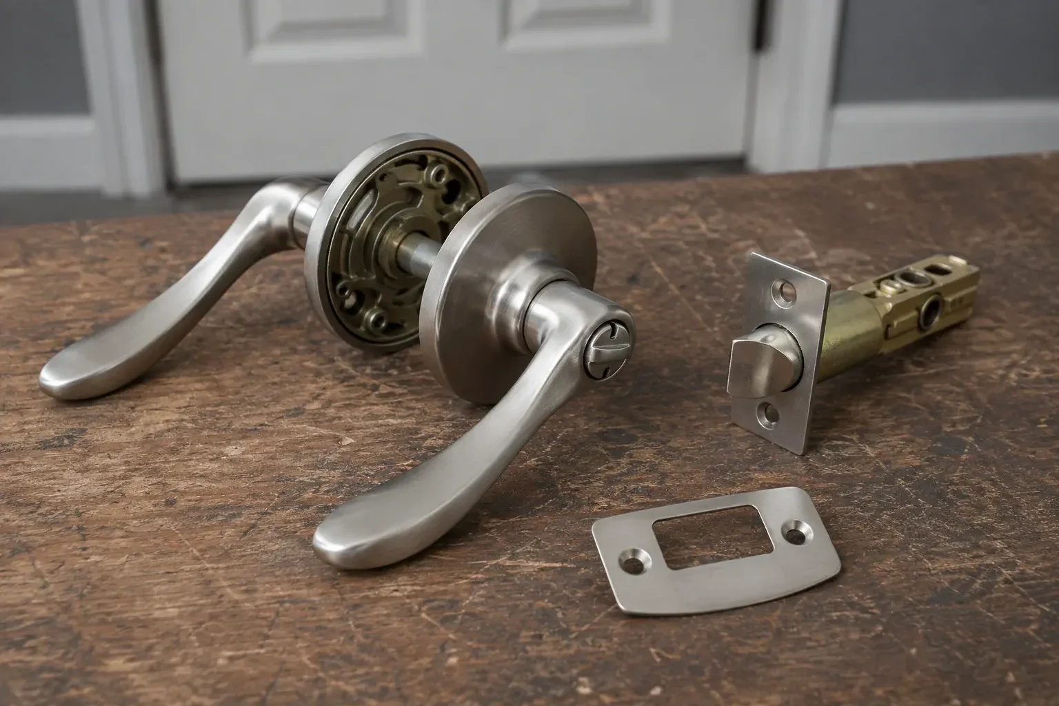 Detached satin-nickel lever hardware, tubular latch and strike plate on a wooden workbench. — Lock Replacement & Upgrade, London