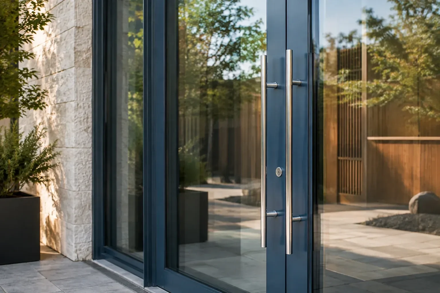 Dark-framed glass entrance doors with long silver-colored vertical pull handles and a round keyhole. — Business Lockout Service, London