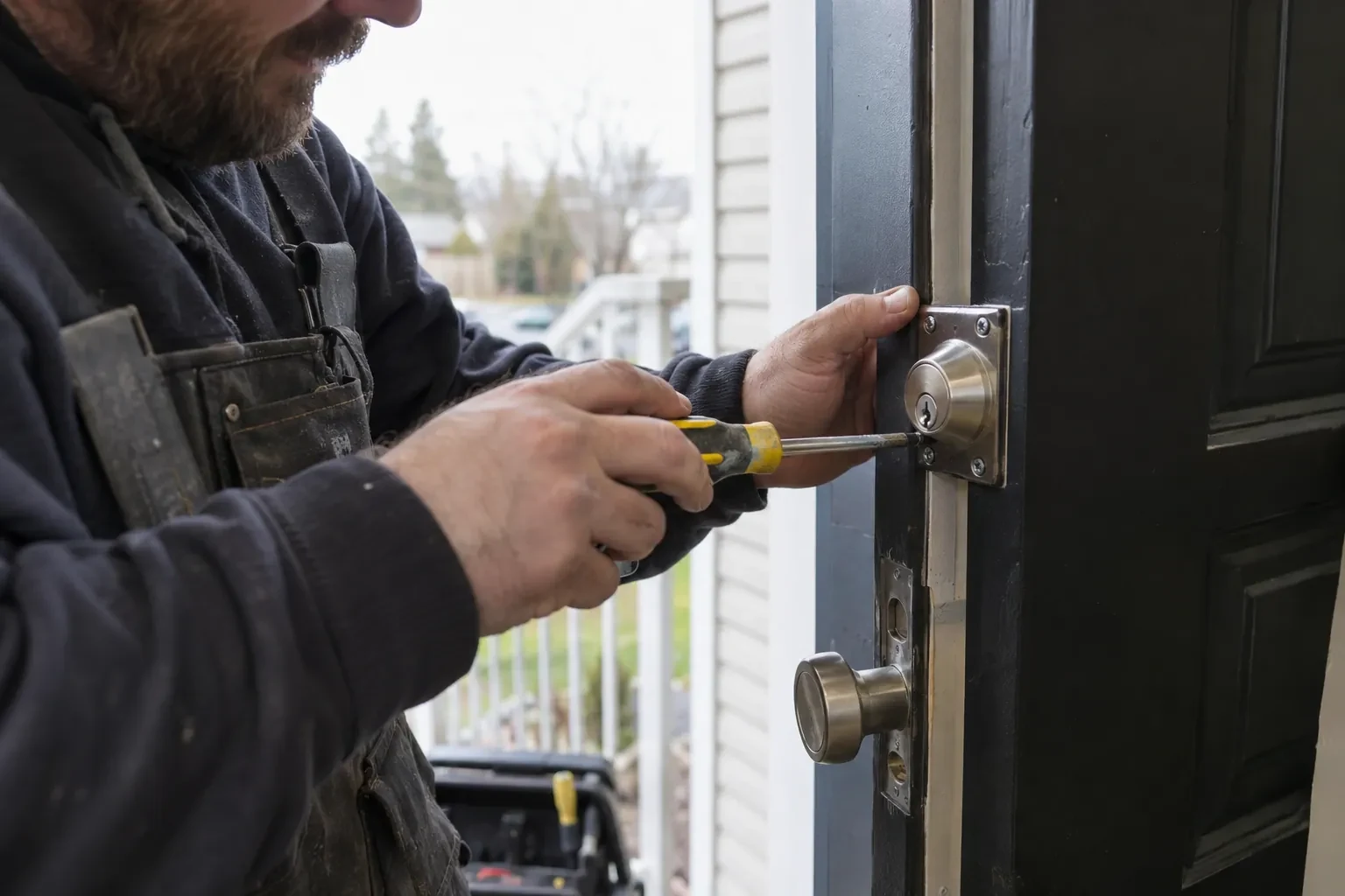 Hands using a yellow-handled screwdriver at a steel deadbolt plate on a dark door, with a steel knob below.
