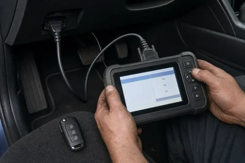 Hands holding a diagnostic tablet connected beneath a car dashboard, with a key fob resting on the person’s leg. — Key Fob Programming, London