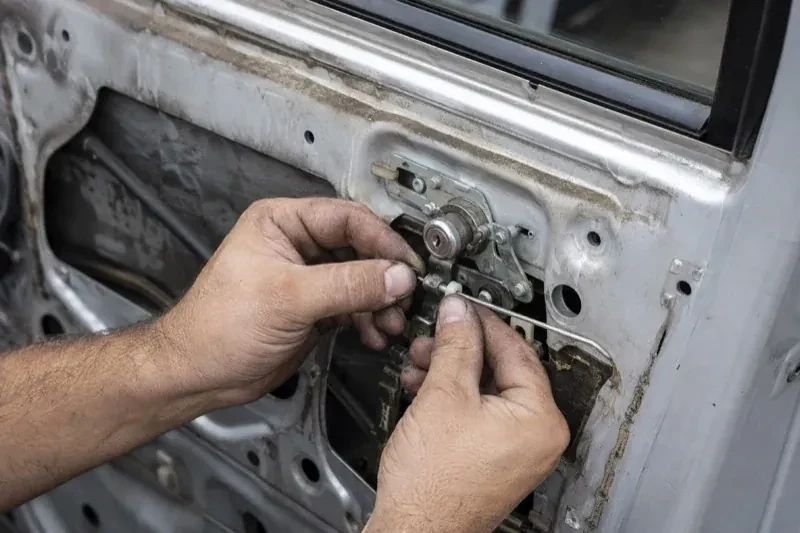 Hands holding a small linkage beside an exposed car-door lock mechanism with the interior trim removed. — Vehicle Lock Repair, London
