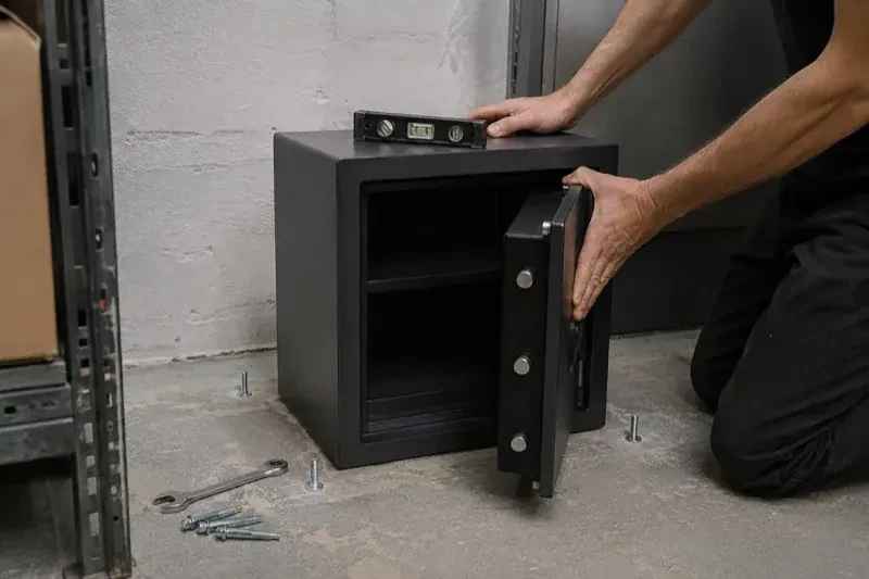 Person kneeling beside an open black safe with a spirit level on top and loose bolts and a wrench on the concrete floor. — Safe Installation & Servicing, London