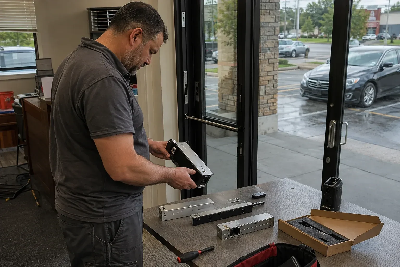 Person holding a rectangular door-hardware housing at a table with additional metal assemblies beside a glass entrance. — Access Control Installation, London