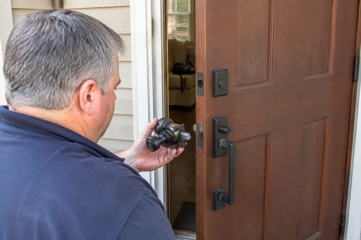 Person holding a removed black lock assembly beside a partly open brown front door with a long black pull handle. — Home Lockout Service, London