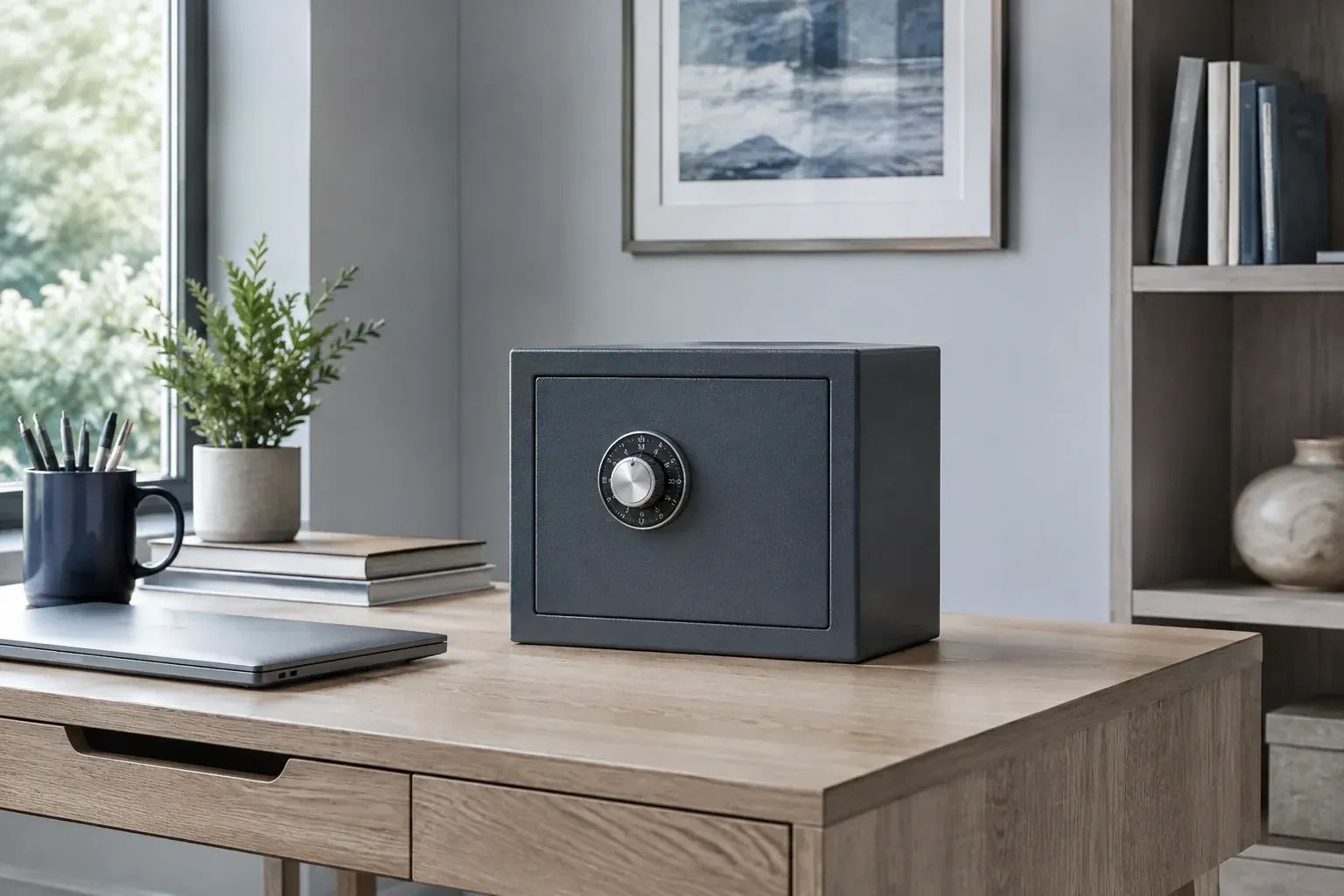 Small dark safe with a combination dial on a wooden desk beside a closed laptop and books. — Safe Opening & Combination Change, London