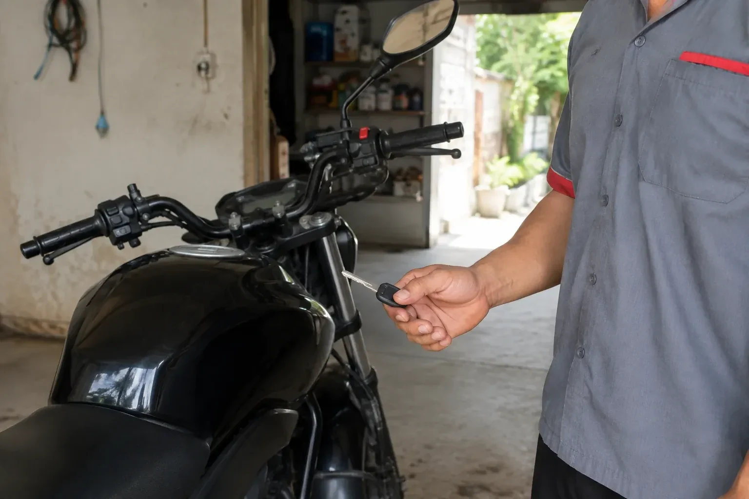 Technician holding a black-headed key beside a parked motorcycle. — Motorcycle & Scooter Keys, London
