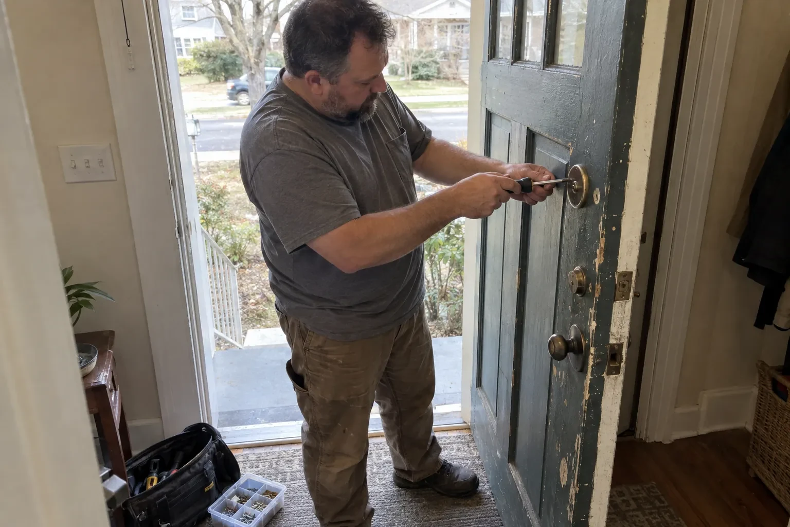 Technician using a screwdriver on the deadbolt of an open blue-gray front door, with a tool bag and screw tray nearby. — Deadbolt Installation, London