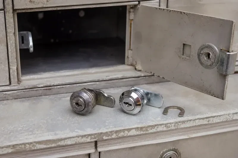 Two loose cam locks and a retaining clip resting below an open metal mailbox compartment. — Mailbox Lock Replacement, London